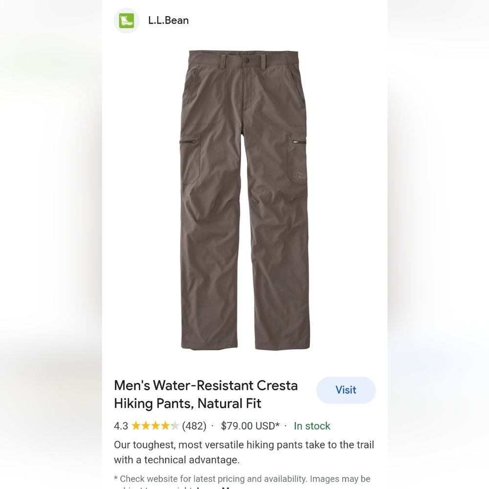 Mens LLbean Water Resistant Cresta Hiking pants. size 38×29. Great condition.